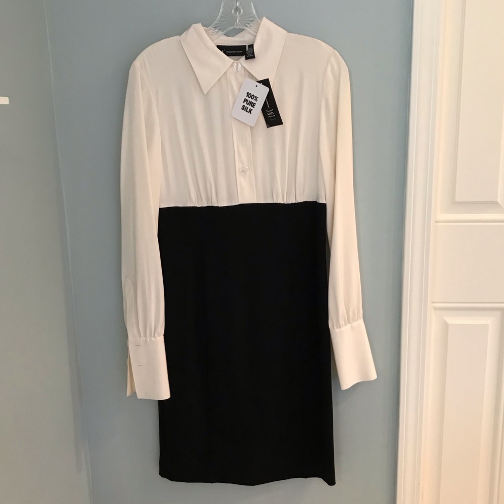 NWT INC empire waist cream silk and black dress